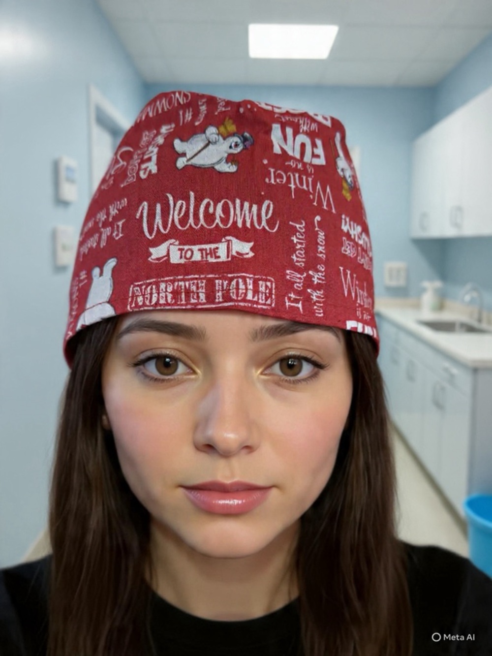 Handmade Frosty Snowman Scrub Cap/ Nurse Hat with Cheer Scattered Throughout.